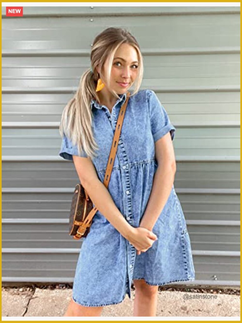 Short Sleeve Button Down Flowy Tiered Babydoll Denim Dress - Picture 3 of 7